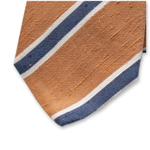 Cravate marron caramel à rayures bleues en soie italienne (2)