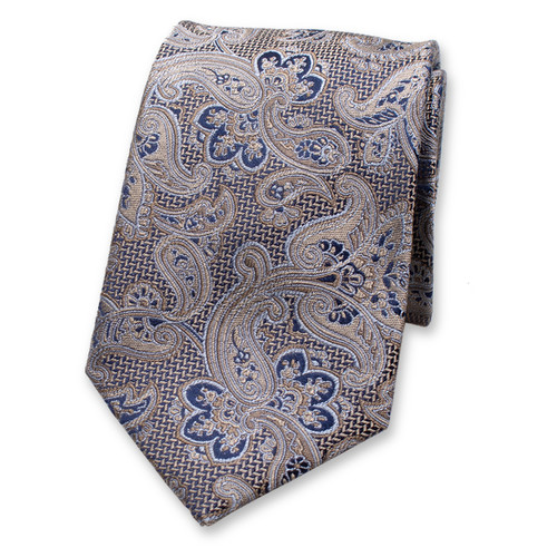 Cravate de luxe beige et bleu foncé - Motif cachemire (1)