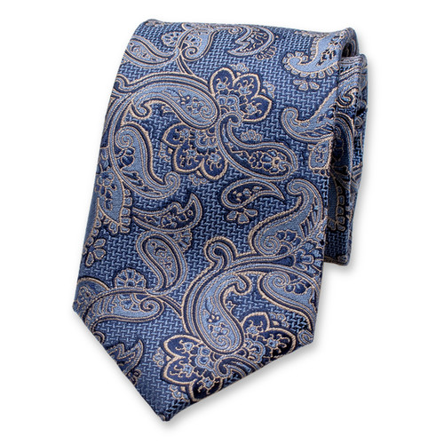 Cravate de luxe bleu foncé à motif cachemire beige (1)