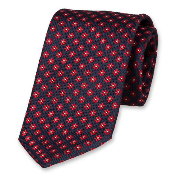 Cravate de Luxe Bleu Foncé - Motif Floral Rouge (1)