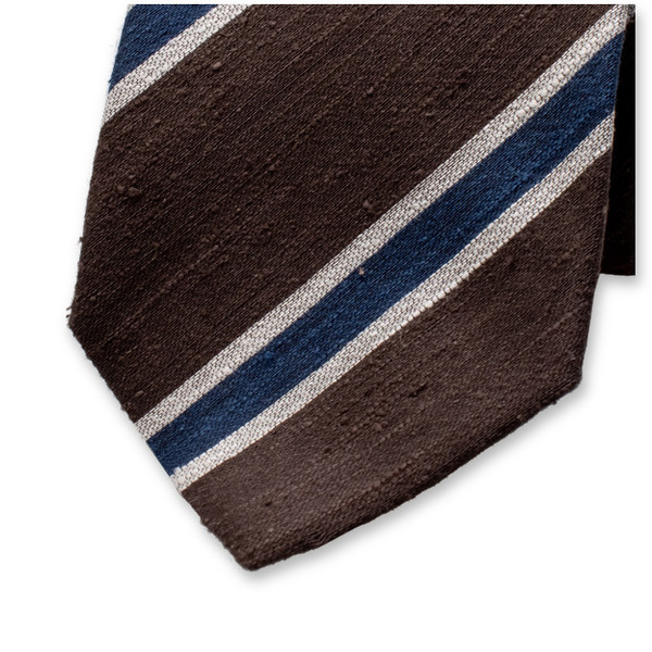 Cravate marron foncé à rayures bleues - Soie italienne (2)