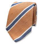 Cravate marron caramel à rayures bleues en soie italienne - Thumbnail 1